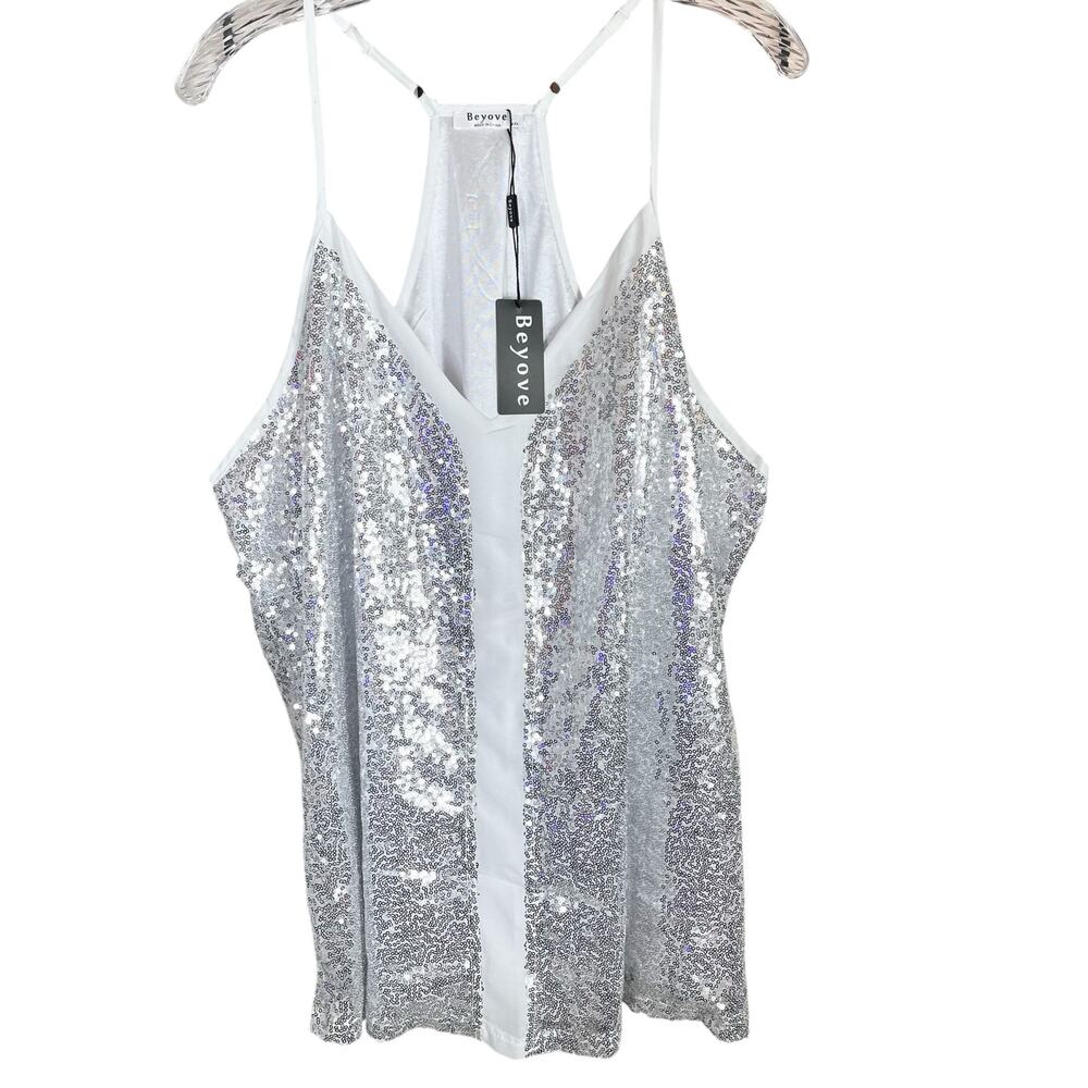 NWT Beyove Women's XXL Sequin Glitter V-Neck Sleeveless Cami Tank Top